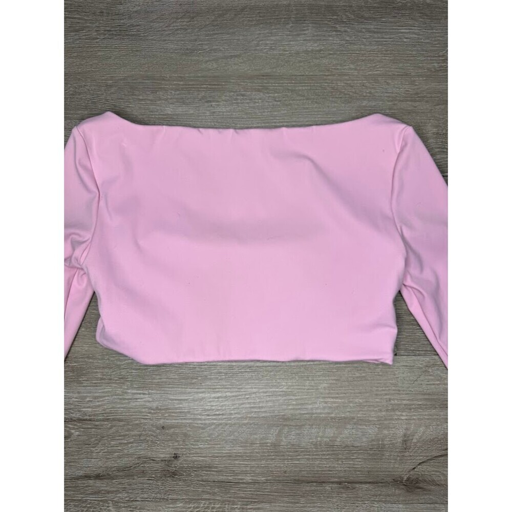 Pink Square Neck Long Sleeve Crop Top Fitted Stretch Soft Basic Women's Small - Picture 3 of 4